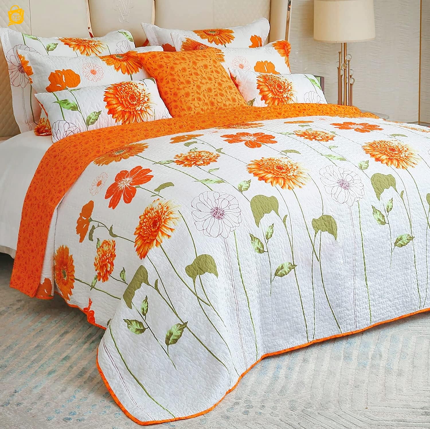 100 Cotton Quilt King Size Orange Sunflower Bedding Set Floral