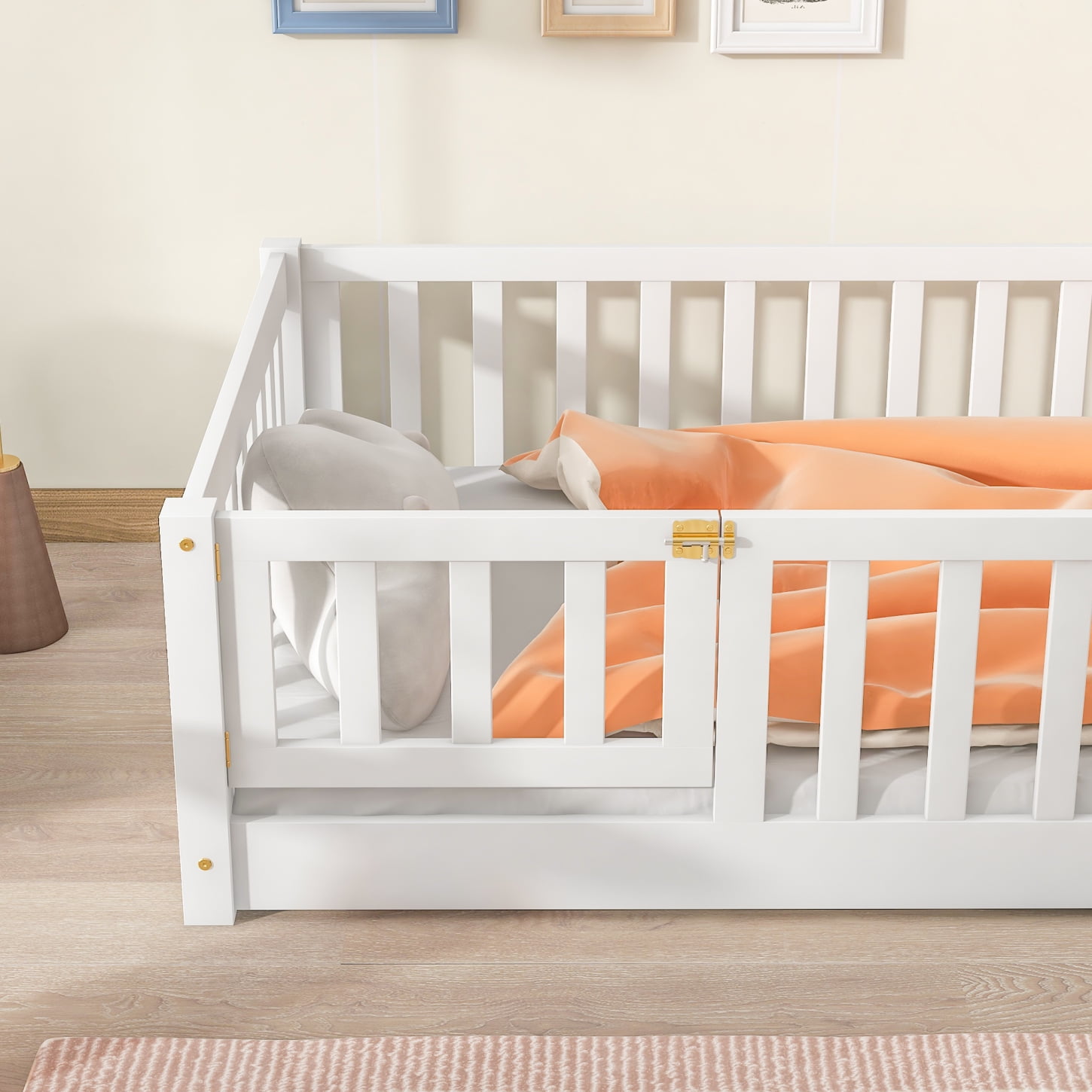 Twin Size Floor Bed, Wood Platform Bed with Fence and Door, Montessori Bed Frame with Slats Support, No Box Spring Needed,White