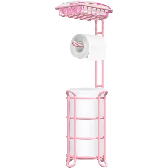 Pink Toilet Paper Holder Stand Tissue Holder for Bathroom Floor Standing Toilet Roll Dispenser Storage 4 Reserve Mega Rolls, Phone, Wipes
