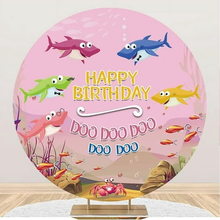 Image of 6x6ft Shark Family Round Backdrop Covers for Photoshoot Kids Portrait Colorful Sharks Fishes Doo Doo Doo Pink