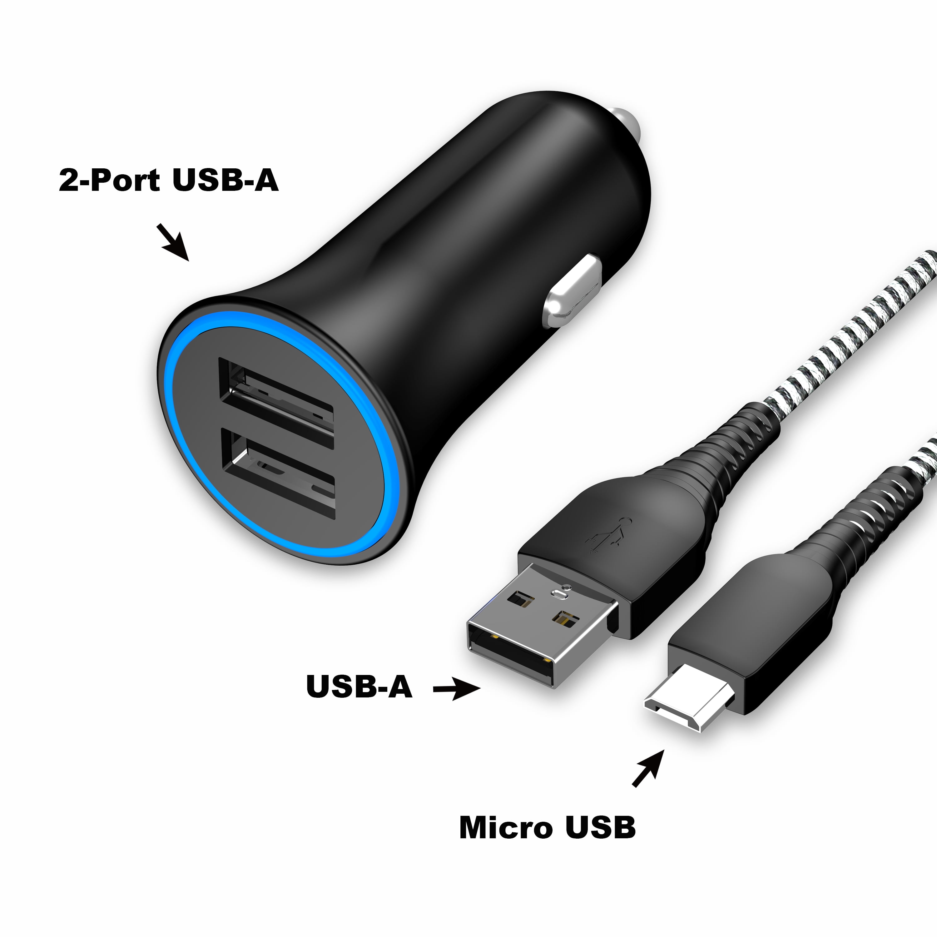 onn. Dual-Port Car Charging Kit with Micro-USB to USB Cable, Black
