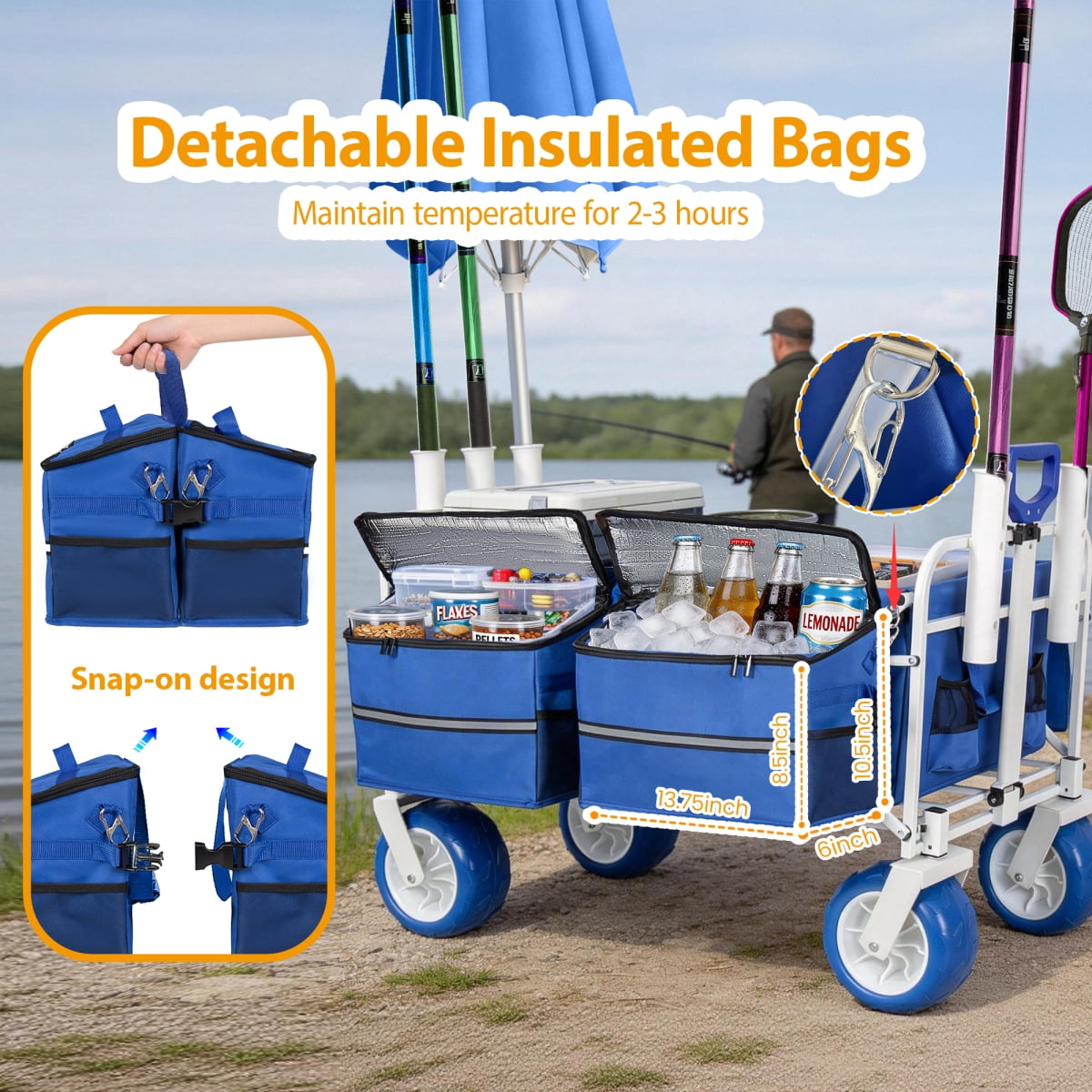 LuckyNote Beach Wagon Cart with Rod Holders and 9" All-Terrain Wheels, 500lbs Heavy Duty Collapsible Folding Wagon, Cooler & Storage Bags for Beach Camping Fishing, Blue