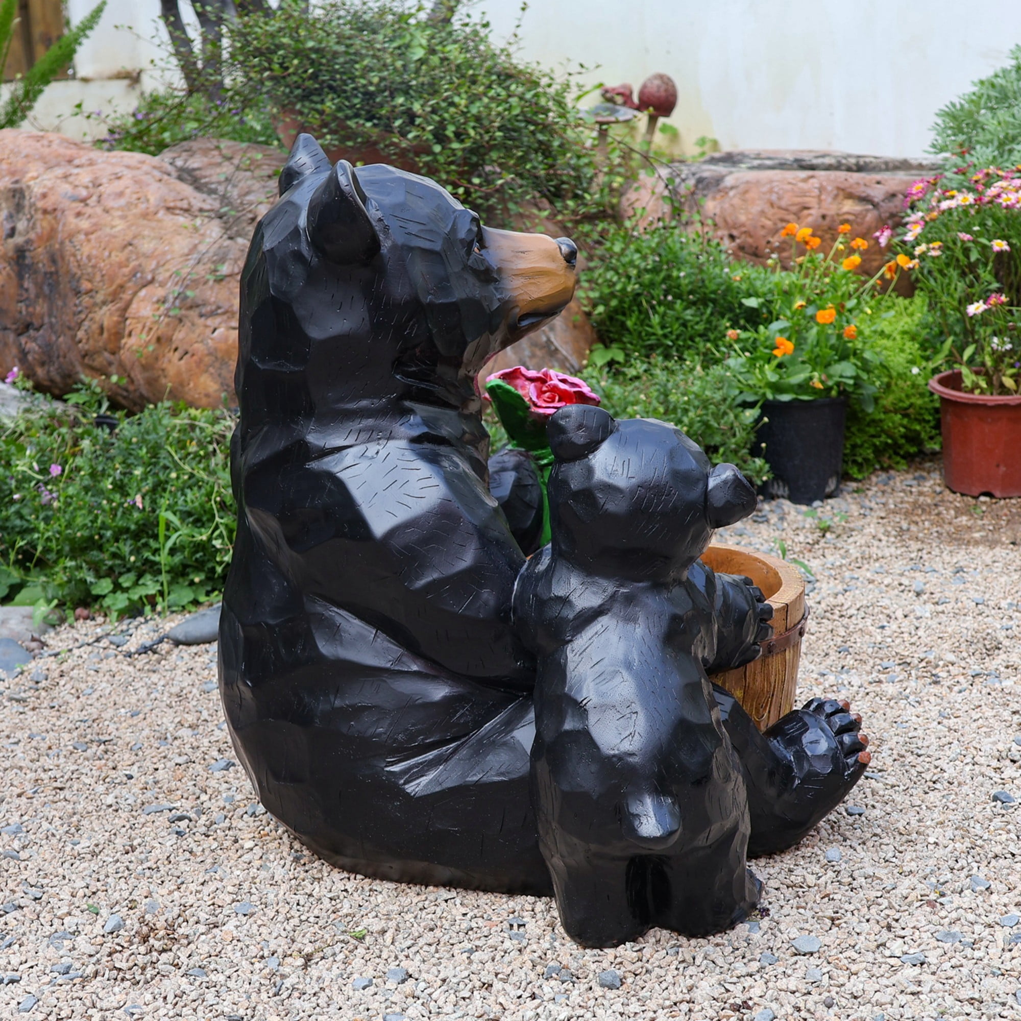 Bear Planter Statue Outdoor Garden Sculpture, Black Resin Flower Pot with Cub Design, Large Yard Decor for Patio Lawn