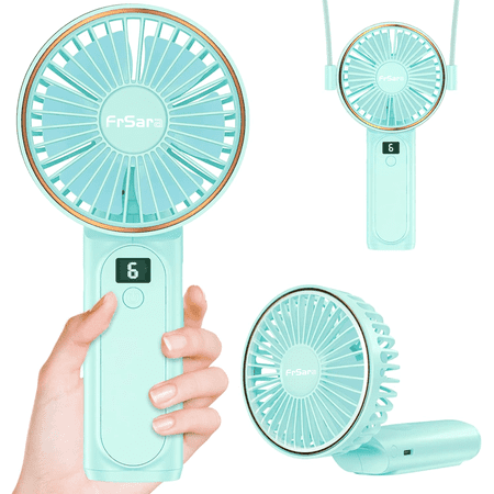 FrSara Portable Handheld Mini Fan,Neck Fan,4000mAh Desk Fan,180°Adjustable,6 Speed Wind, Display Electricity in Real Time,USB Rechargeable Foldable Fan,Quiet Personal Fan with Power Bank -Light blue
