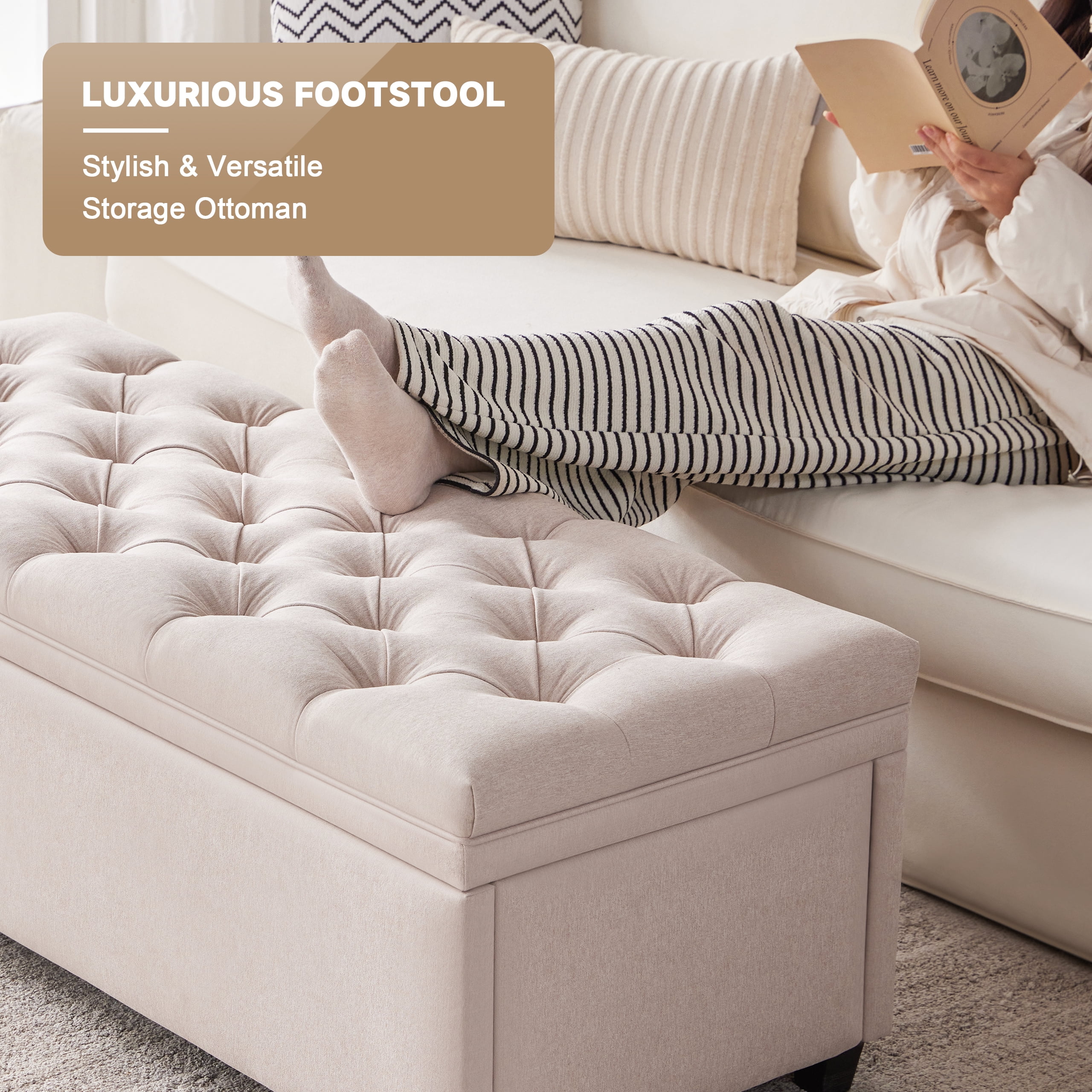 Weture 50-Inch Tufted Storage Ottoman Bench, Large Modern Entryway Bedroom Bench, Beige