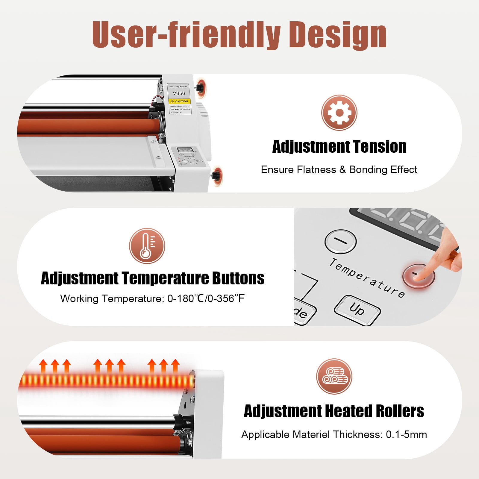 V350 13" 350mm Hot Cold Roll Laminator, Digital Display Single&Dual Sided Laminating Machine for BOPP, Pte, Highlighted Dbw, Cross Pattern Film