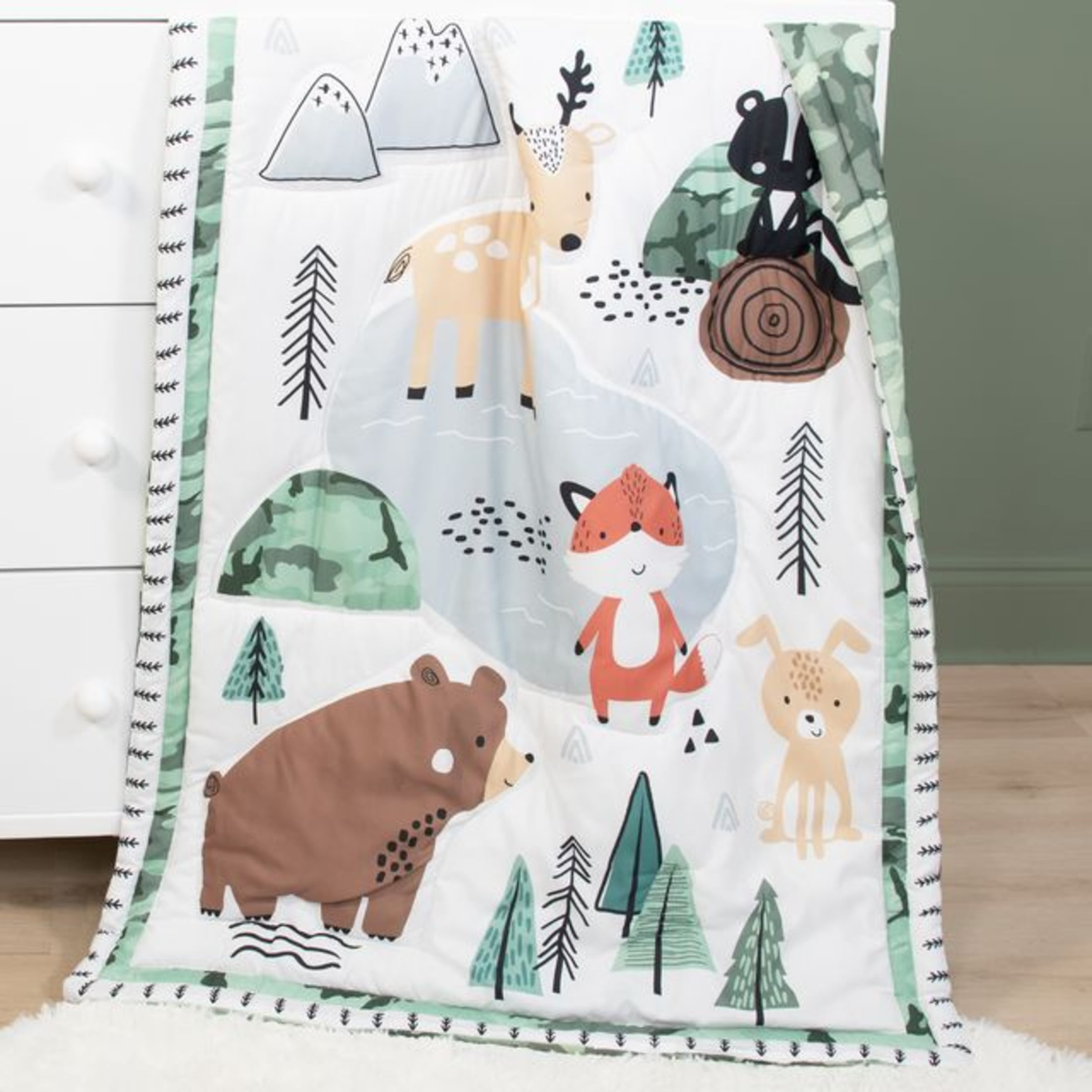 The Peanutshell Woodland Camo Crib Bedding Set for Baby Boys, 3 Piece Nursery Bed Set, Crib Comforter, Fitted Sheet, Crib Skirt