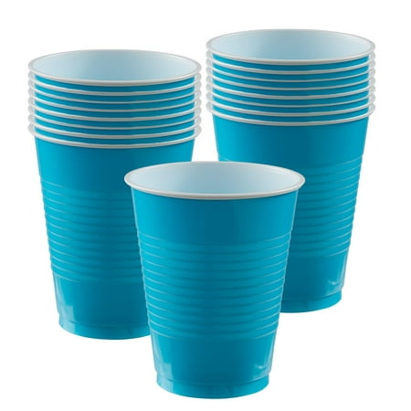 Party City 18oz Disposable Plastic Cups, 16 Count (Caribbean Blue) - Go Brightly Heavy Duty Large Classic Party Cups - Party Supplies