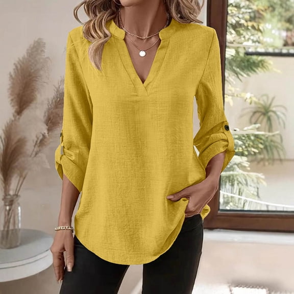 Hxlamzoo Women's 3/4 Length Sleeve V-Neck Blouse Casual Loose Fit Solid Linen Top Dressy Trendy Rolled Shirts