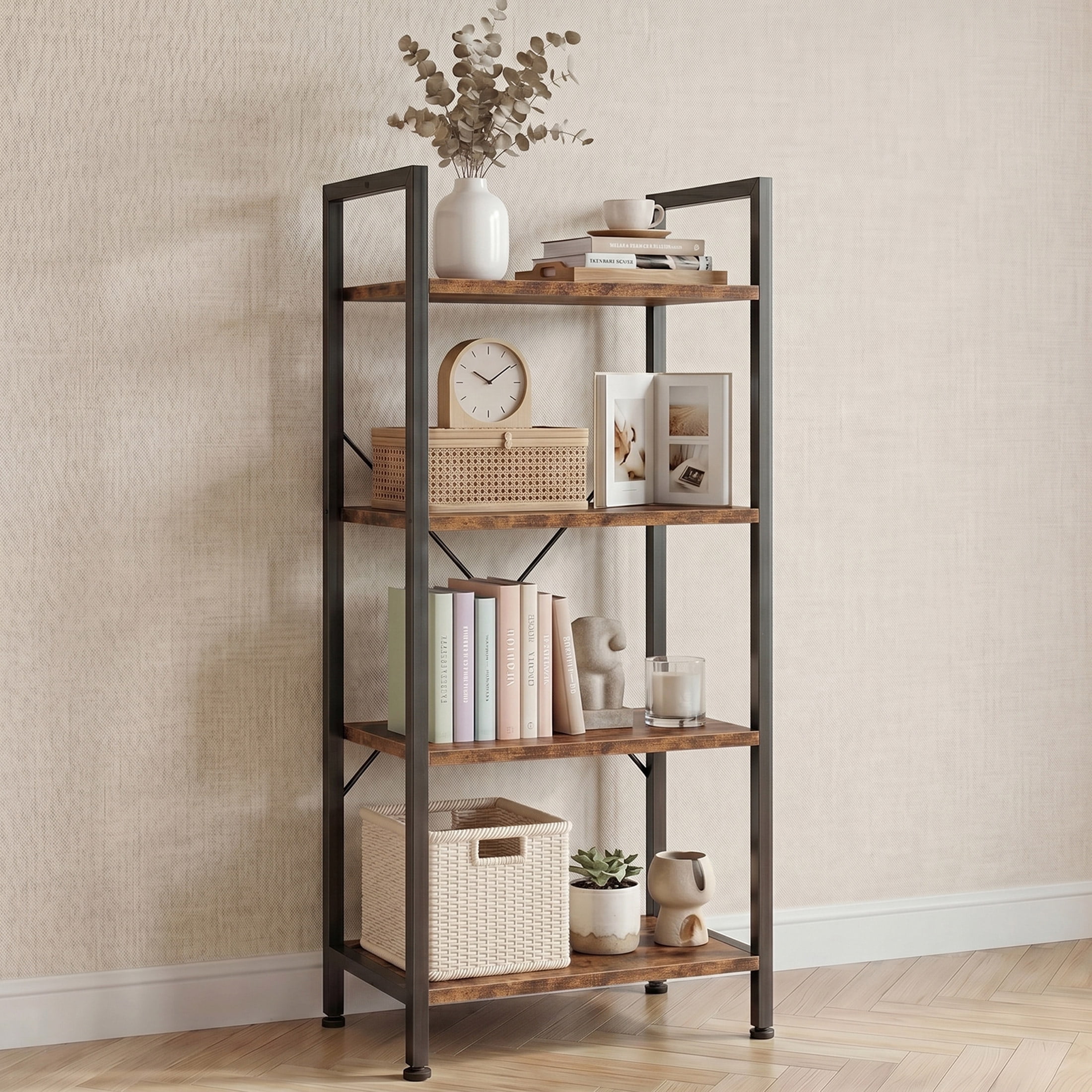 CONCETTA Bookshelf, 4-Tier Small Industrial Storage Shelf & Shelves, Metal Bookcase for Home Office, Living Room, Rust Brown