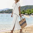 thumbnail image 3 of Pounoo Cotton Sets for Women 2 Piece Asymmetric Wrap Neck Single Button Short Sleeve Tops Contrast Edge Wide Leg Pants Casual Daily Outfits Gift, 3 of 6