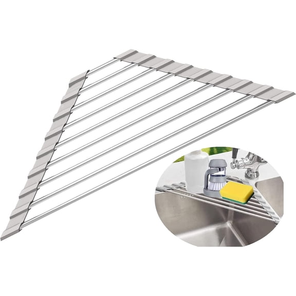 Triangle Dish Drying Rack for Sink Corner, Gray Corner Sink Rack,Roll Up Folding Stainless Steel Multipurpose Over The Sink Dish Drainer Mat for Kitchen (Grey)
