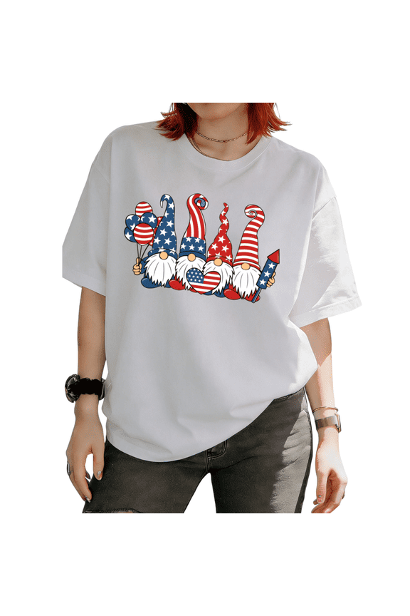 Women's 4th Of July Patriotic USA Gnome Firework Graphic Short Sleeve T-Shirt Regular Fit