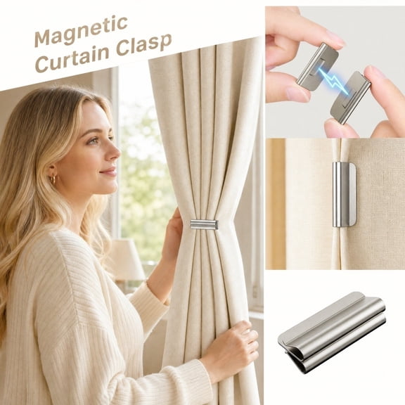 Stainless Steel Magnetic Curtain Clips, No Drill Strong Magnet Curtain Tie Backs, Rustproof Metal Curtain Holdbacks for Bedroom Living Room Window Decor Home DIY Curtain Styling,4PC。