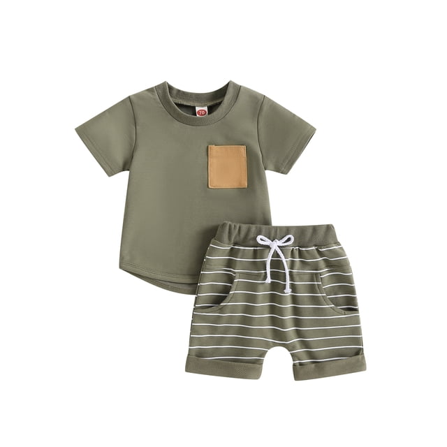 Gupgi Toddler Boy 2Pcs Clothes Set Short Sleeve Solid Color T-Shirts with Stripe Print Shorts