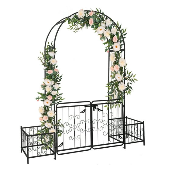 Qiushi 7FT Garden Arch Arbor with Entry Door and Plant Frame, Heavy Duty Metal Arbour Archway, Decorative Frame Stand Trellis with Ground Stakes for Wedding Ceremony Party Plant Patio, Black