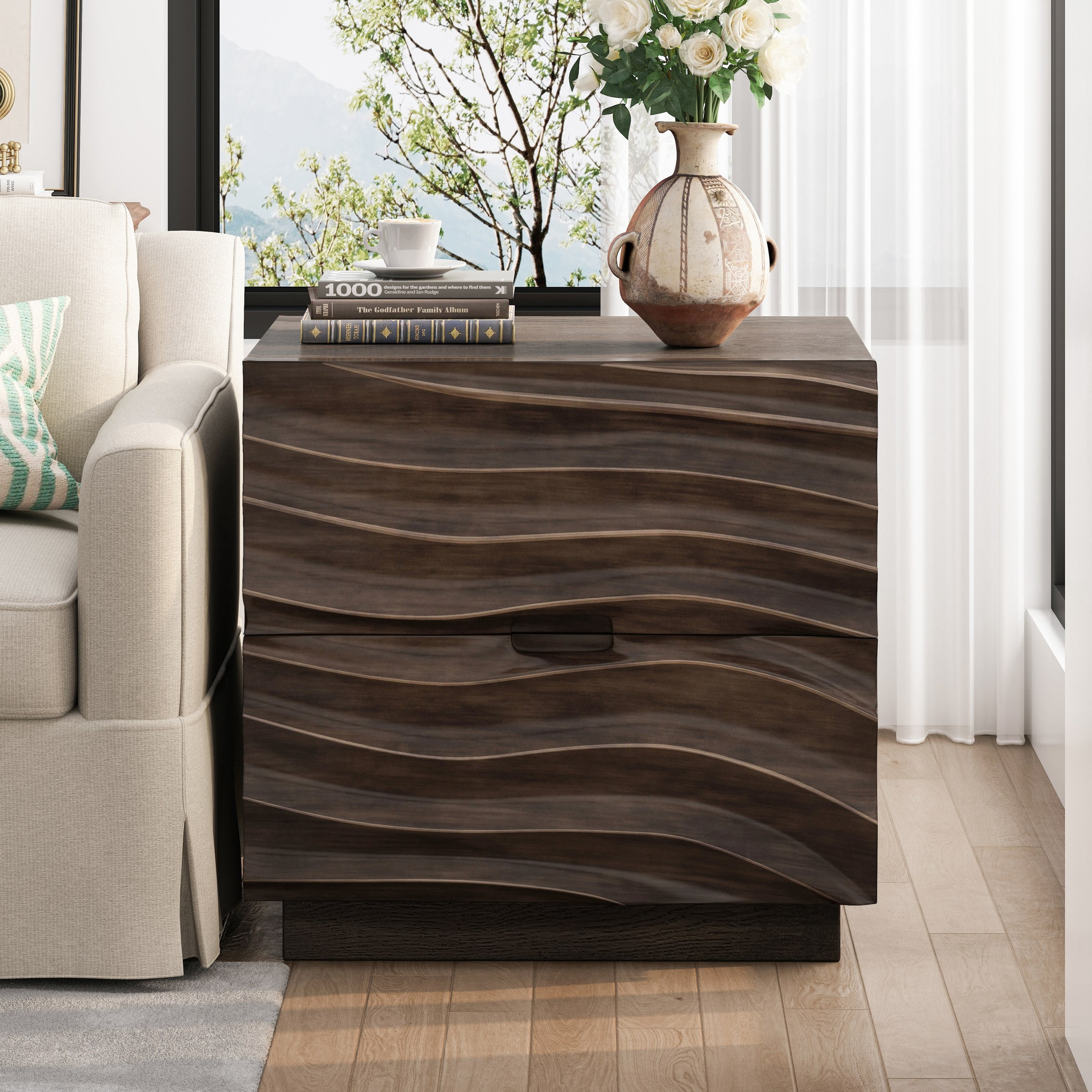 Solid Wood Nightstands, Bedside Table with 2 Drawers, No Handles, Sofa End Table for Living Room, Bedrooms, Brown