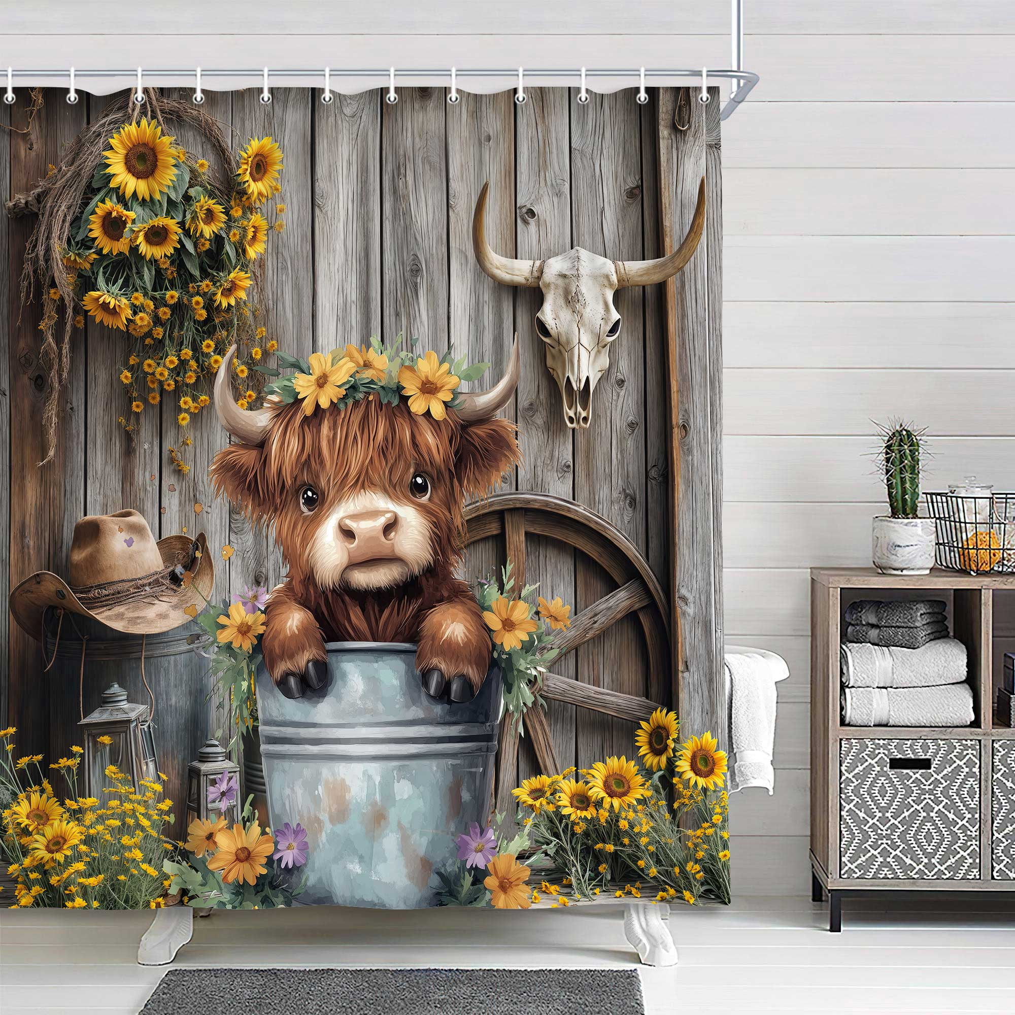 Western Highland Cow Shower Curtain, Farmhouse Cute Cowboy Barn Door Sunflower Bathroom Decor Set, Funny Rustic Cattle in Bucket Fabric Waterproof Bathroom Curtain with Hooks, 70X75in