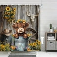 thumbnail image 3 of Western Highland Cow Shower Curtain, Farmhouse Cute Cowboy Barn Door Sunflower Bathroom Decor Set, Funny Rustic Cattle in Bucket Fabric Waterproof Bathroom Curtain with Hooks, 36X72in, 3 of 5