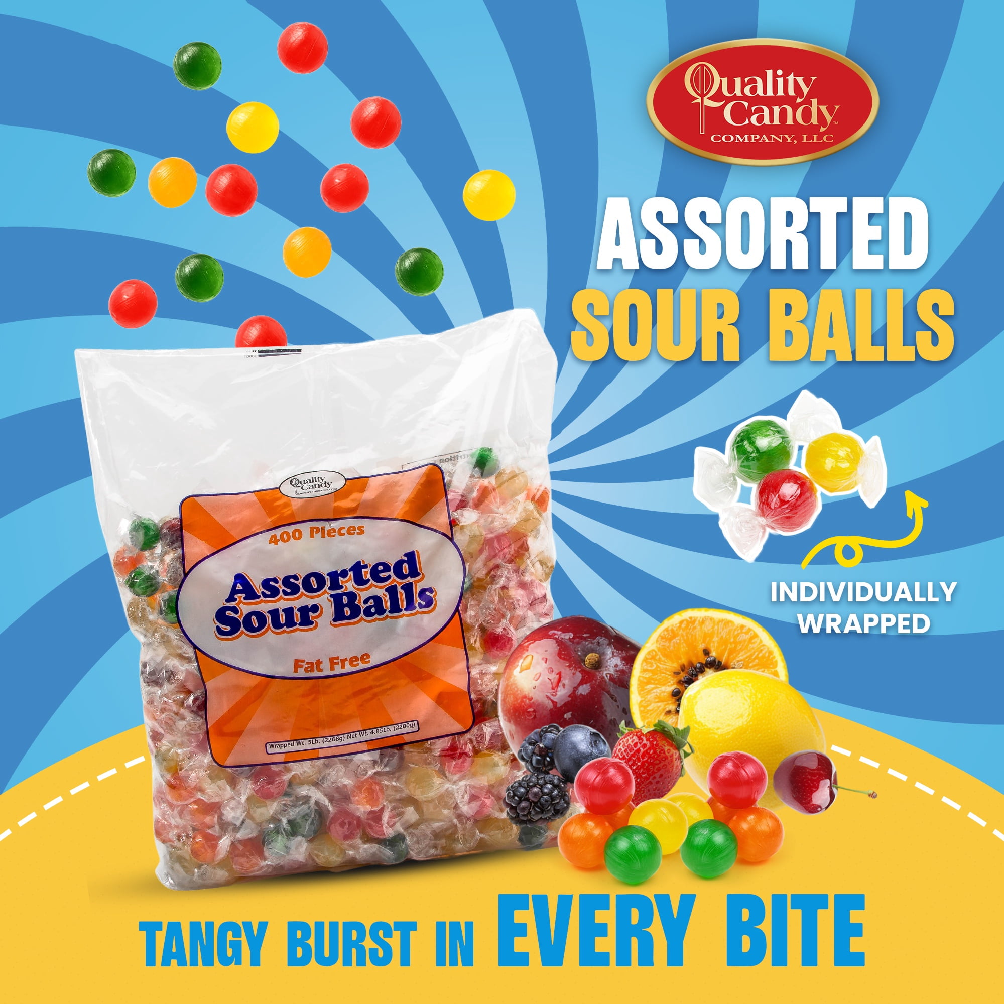 Quality Candy Company Assorted Sour Balls – Classic Cherry, Lemon, Grape & Lime Hard Candy – Individually Wrapped for Parties, Candy Buffets & Everyday Enjoyment, 5 LB Bulk Bag