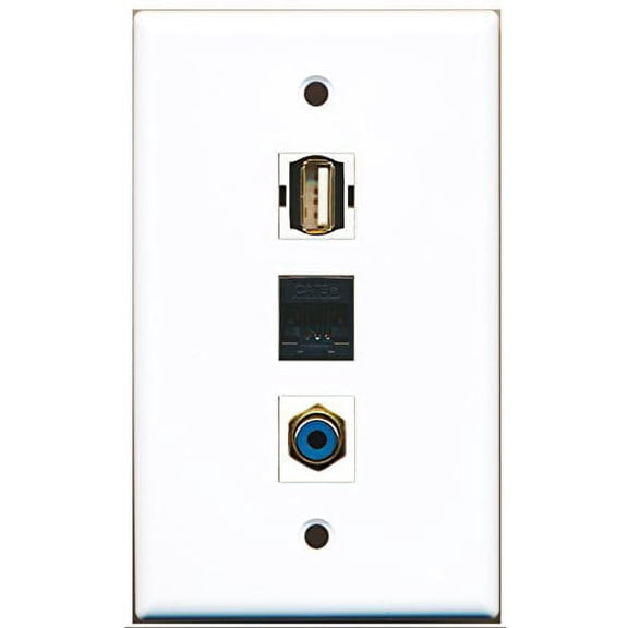 RiteAV - 1 Port RCA Blue and 1 Port USB A-A and 1 Port Cat5e Ethernet Black Wall Plate