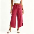 thumbnail image 2 of BUIGTTKLOP Capris Pants for Women Cotton Casual Summer Wide Leg Drawstring Elastic Trousers Side Split Beach Vacation Cropped Pants, 2 of 6