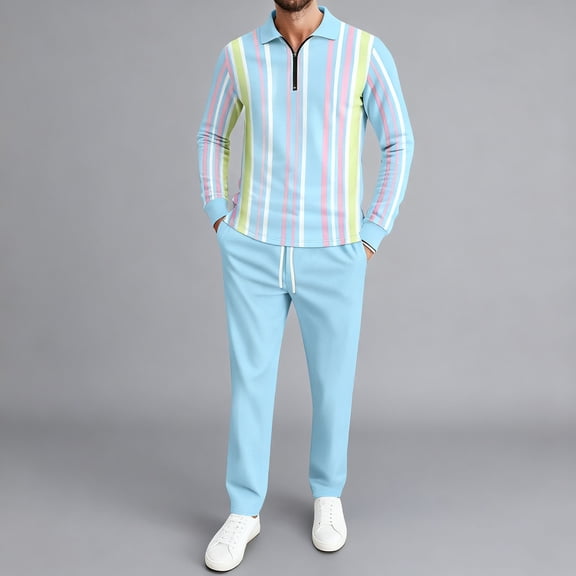 Yusimy Men's Striped 2-Piece Button-Down Set Half-Zip Elastic Waist Pocket Pants Long Sleeve Casual Athletic