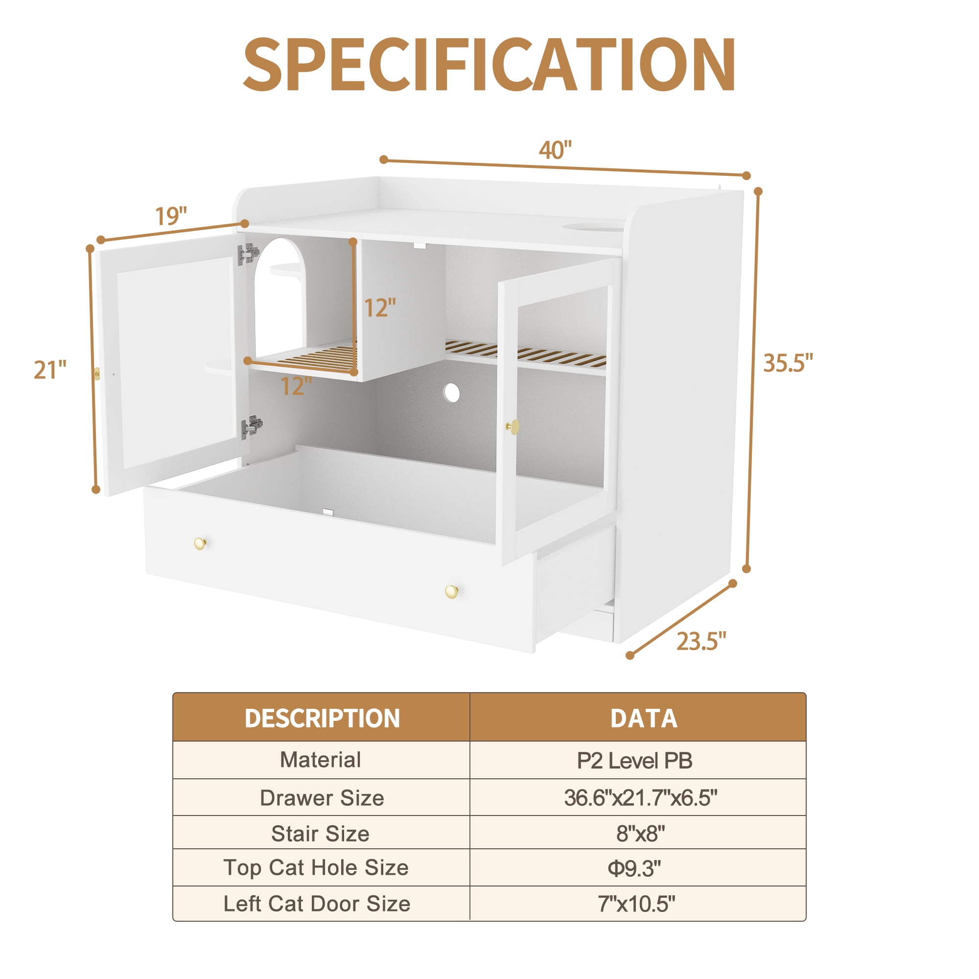 NARTRU Large Cat Litter Box Enclosure Furniture with Drawer and Runway Litter Filter for Litter Boxes, White