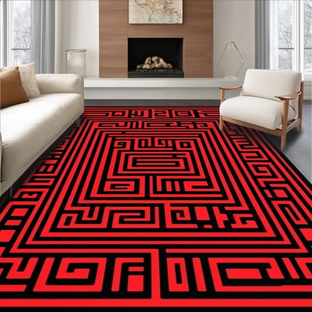 ODIKA 4'x6' Machine Washable Non-Slip Area Rug, Urban Labyrinth Maze Puzzle Avant garde Sophisticated Enigmatic High Traffic Rug, Red, 493590