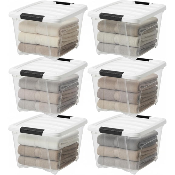 USA 19 Qt Stackable Plastic Storage Bins with Lids, 6 Pack - BPA-Free, Made in USA - See-Through Organizing Solution, Latches, Durable Nestable Containers, Secure Pull Handle - Clear/White