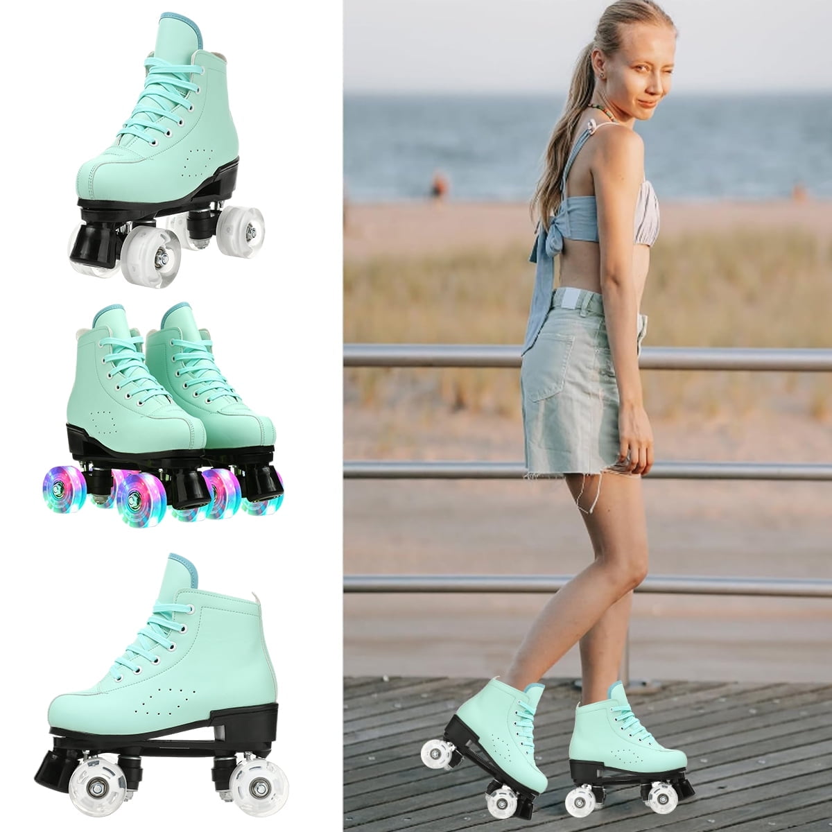 EONROACOO Kids Adult Roller Skates for Women Men, Light up Roller Sktes, Green(Women 8/Men 6.5)