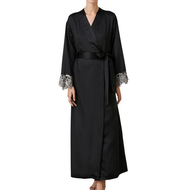 AherBiu Long Robes for Women Lightweight Sexy Satin Wedding Party Bathrobes Lace Full Length Robe