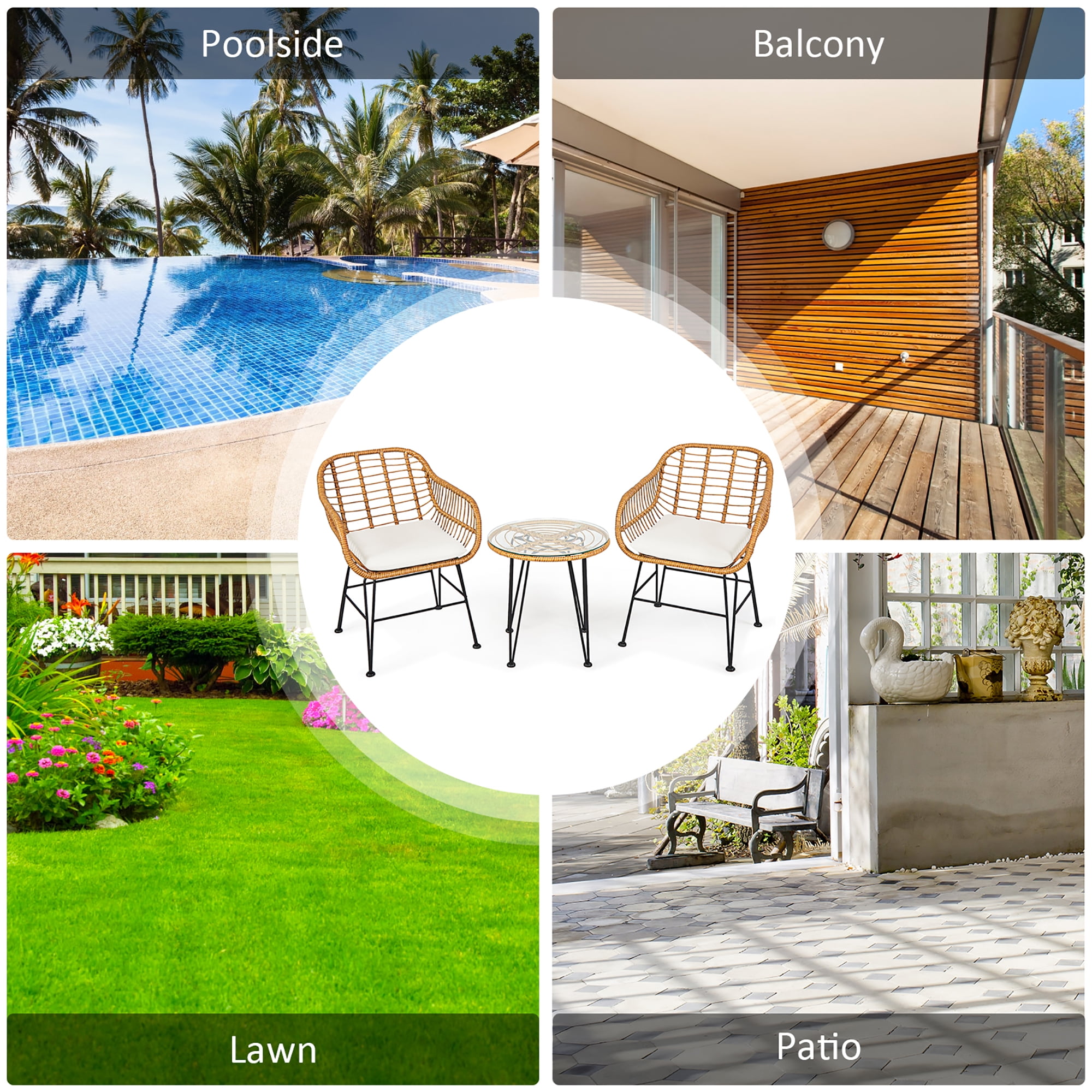 Costway 3PCS Patio Rattan Bistro Furniture Set Cushioned Chair Table White