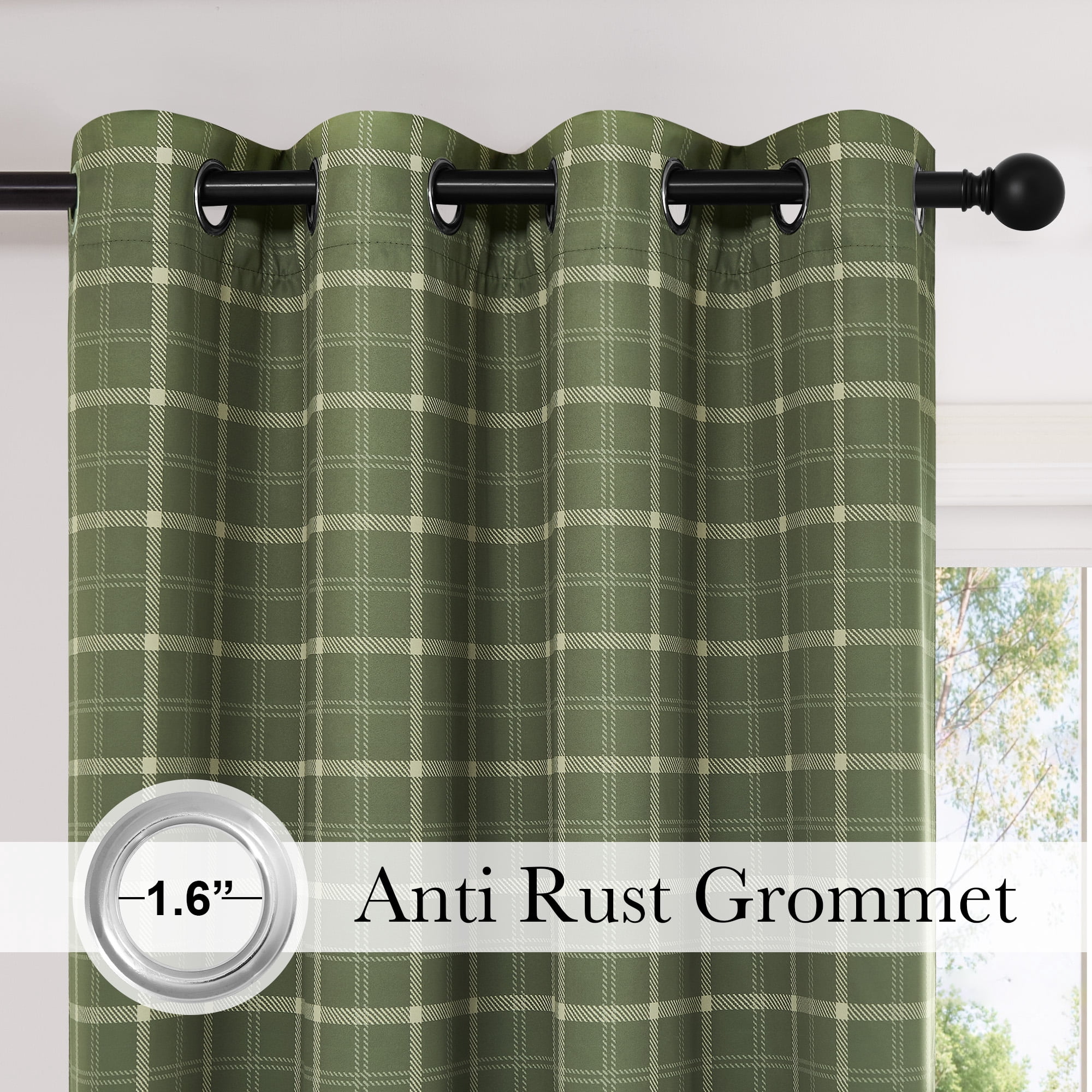 NICETOWN 100% Blackout Green Plaid Curtains for Bedroom Privacy Protect Grommet Thermal Insulated Window Treatment for Living Room, 2 Panels, Moss Green, W52 x L84