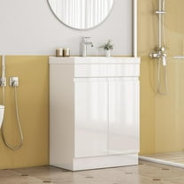 Villachico 24-Inch Bathroom Vanity Cabinet with Sink, 2 Doors with Soft-close Hinge, Freestanding, Extra Thick Top Ceramic Basin, Glossy White