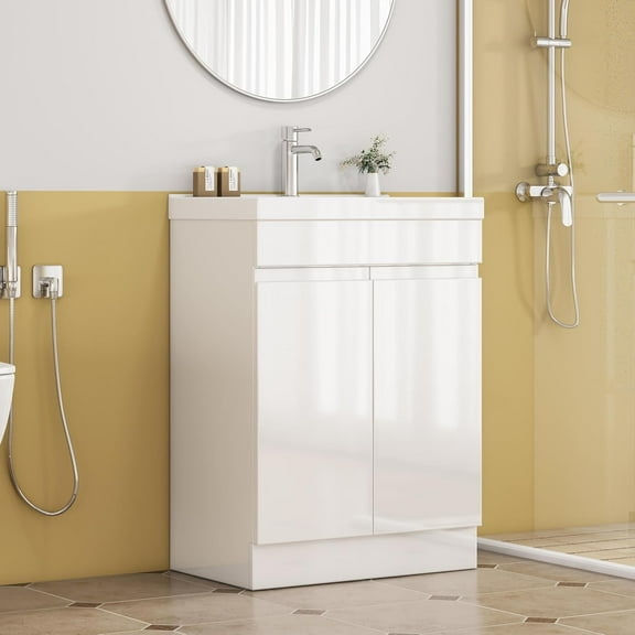 Villachico 24-Inch Bathroom Vanity Cabinet with Sink, 2 Doors with Soft-close Hinge, Freestanding, Extra Thick Top Ceramic Basin, Glossy White