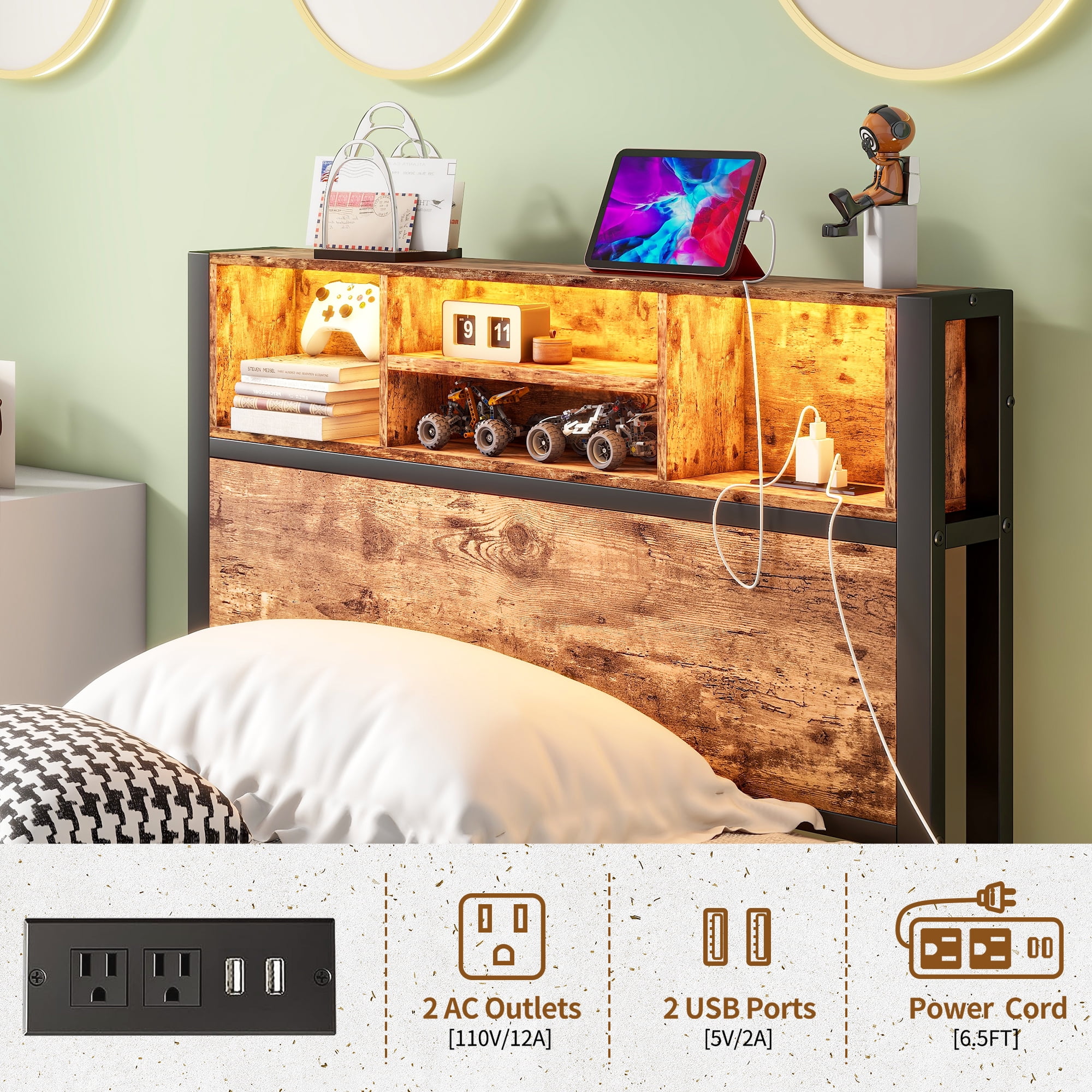 Miniyam Twin Bed with LED Headboard, USB Ports, Storage Shelves for Adults, Brown