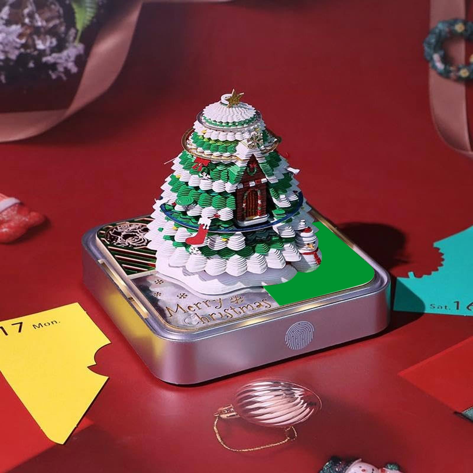 WMGHA Christmas Tree House Paper Sculpture Calendar 2026 - 3D Tear-Off Desk Calendar with LED Light, Memo Pad for Home or Office, Artistic Paper Carving Art for Holiday Display and Organization