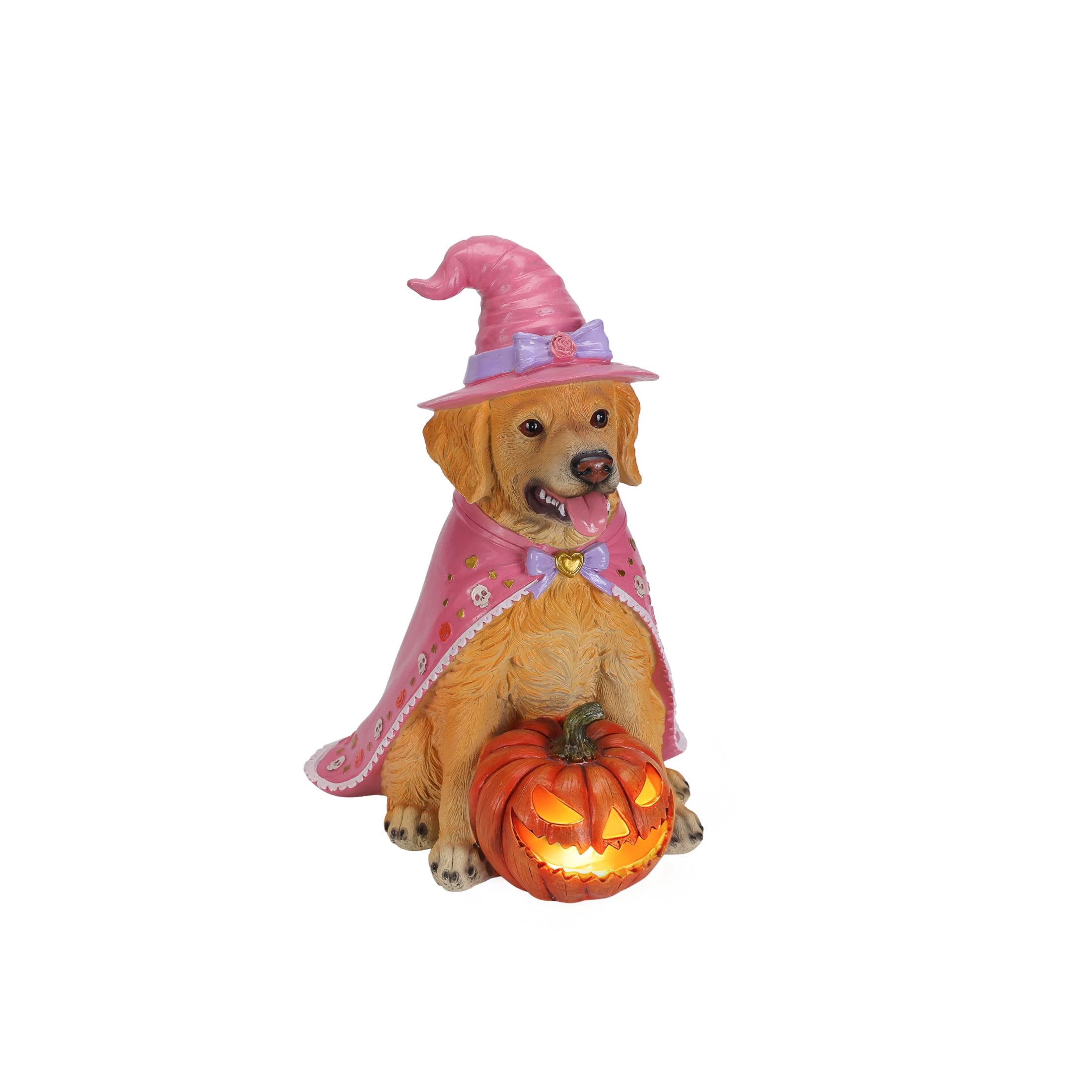 Noble House Halloween Golden Retriever Witch Puppy Figurine with Pumpkin Lantern, Decorative Statue, Brown