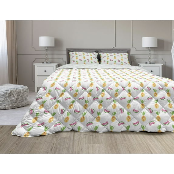 Pineapple Comforter & Sham Bedding Set, Pineapple and Watermelon Fruit Themed Minimal Sketch Pastel Watercolor Pattern, 3 pcs Duvet Set Microfiber Filling Quilt, 5 Sizes, Multicolor, by Ambesonne