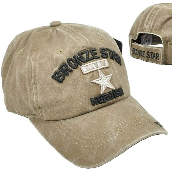 US Military Bronze Star Heroism Pigment Washed Khaki Adjustable Baseball Hat Cap
