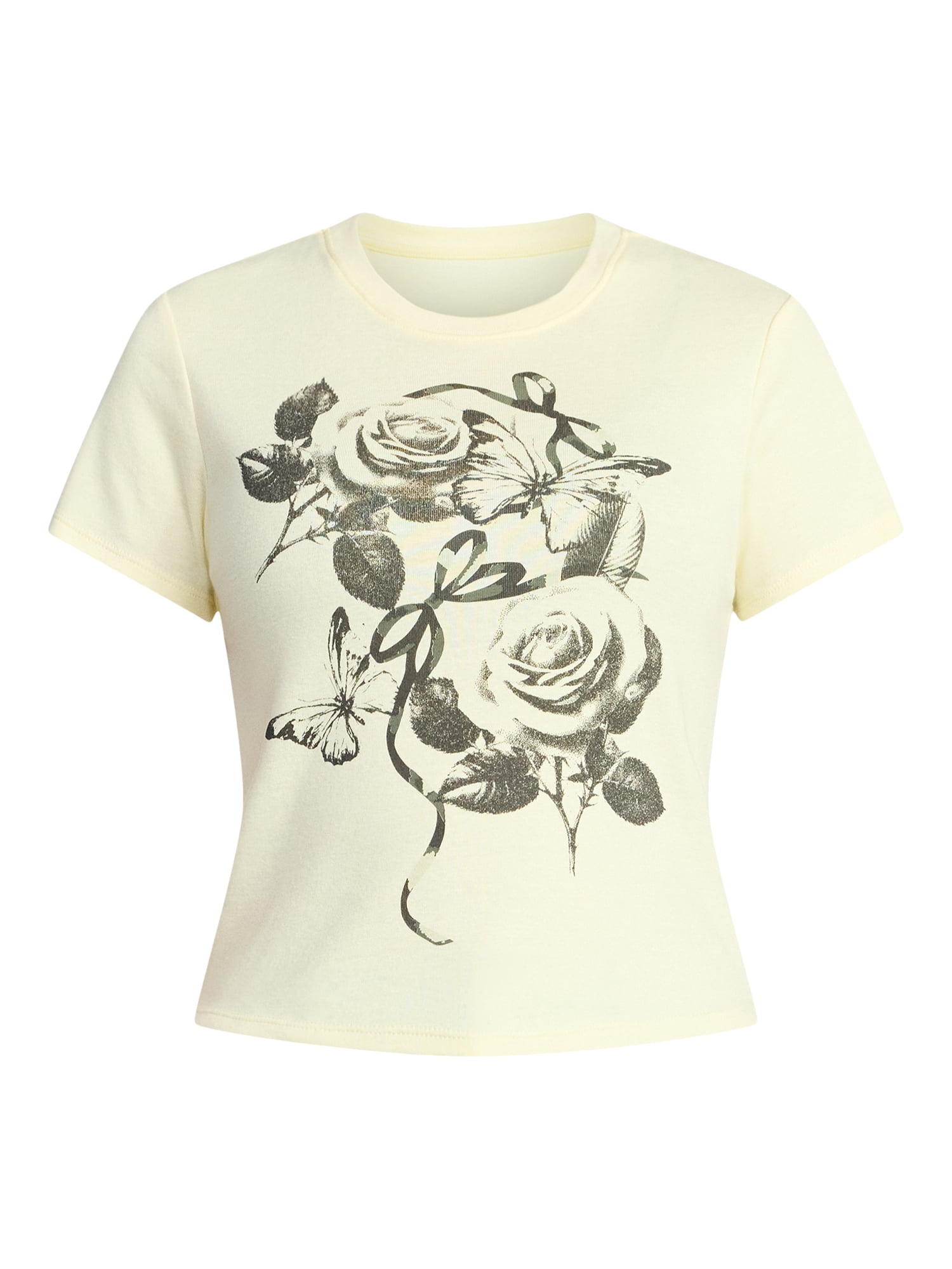 Bow Grid Watercolor Women's Graphic Cropped Baby Tee with Short Sleeves, Sizes XXS-XXL
