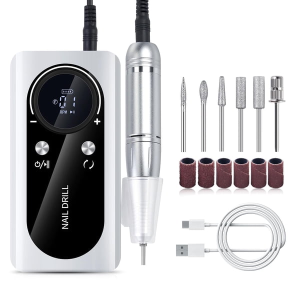 Drill para Uñas Profesional 45000 RPM, Pulidor de Uñas Taladro para Uñas Eléctrico con 6 Tipos Cabezales/Bandas de Lijado, Herramienta de Manicura Pedicura/