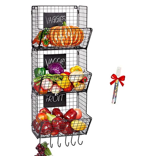 Befano Hanging Fruit Basket 3 Tier Metal Kitchen Baskets Rack Wire Wall Mounted Produce Baskets With 6 Hooks And Chalkboard For Kitchen Storage Vegetable Walmart Com Walmart Com