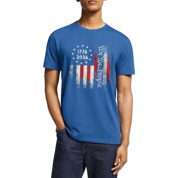 America 250th Anniversary Men Holiday T Shirts, Classic Retro USA Flag Aquamarine Blue Graphic Crewneck Tee for Independence Day Activities - 4XL