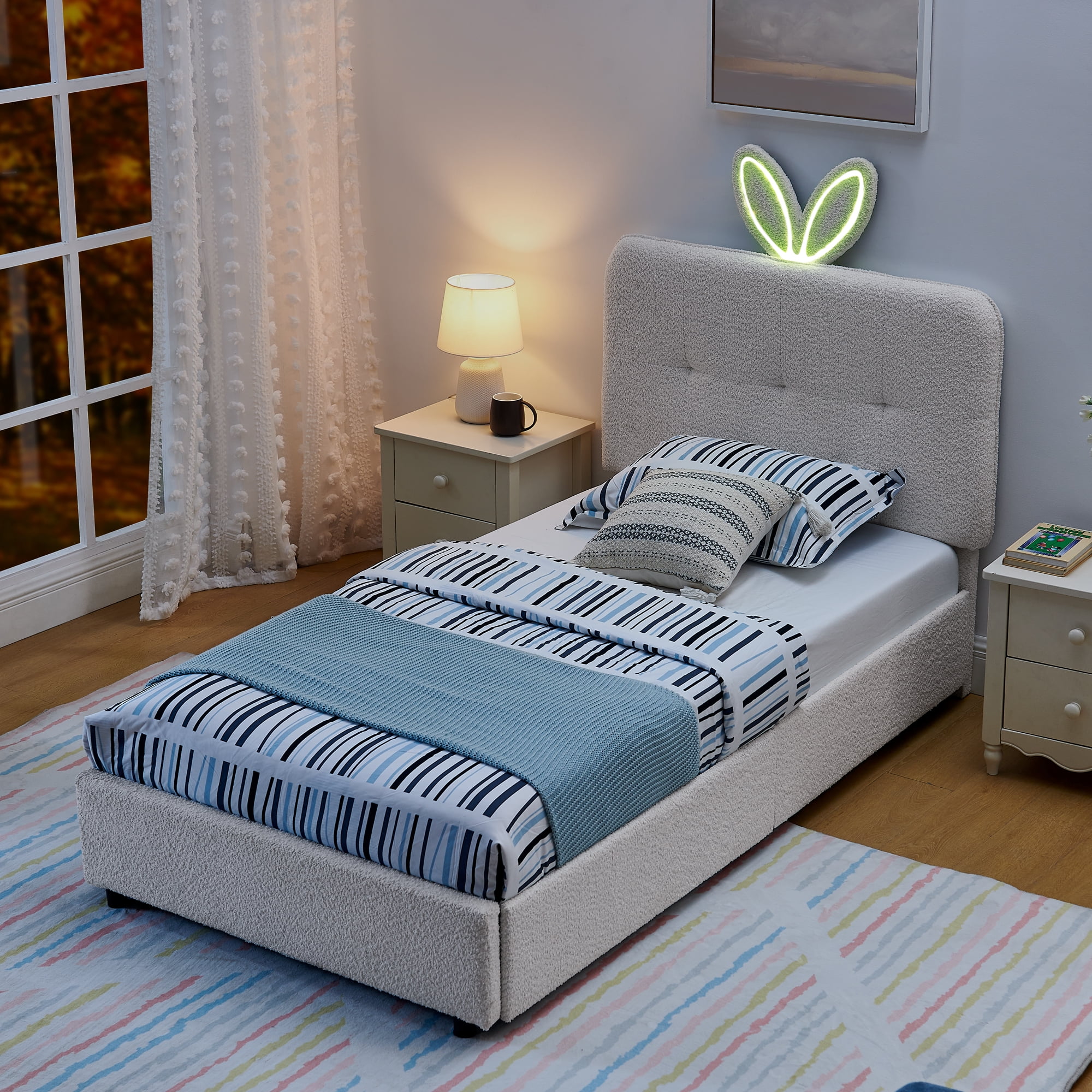 Mintazer Twin Upholstered Kids Bed with Oversized Rabbit Ear Headboard, Boucle Fabric Platform Bed with LED Headboard & 4 Storage Drawers, Beige