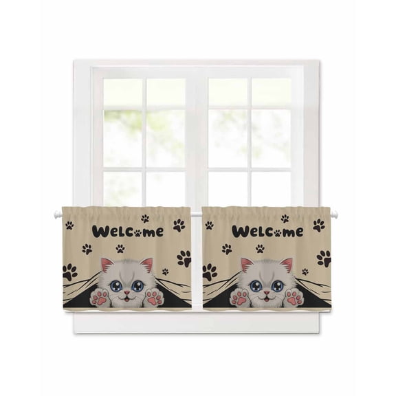 Cute Welcome Short Blackout Curtains 24 Inch Long Cartoon White Kitten Black Cat Claw Prints Brown, 2 Panels Thermal Insulated Darkening Rod Pocket Drapes for Bedroom, 42"W x 30"L