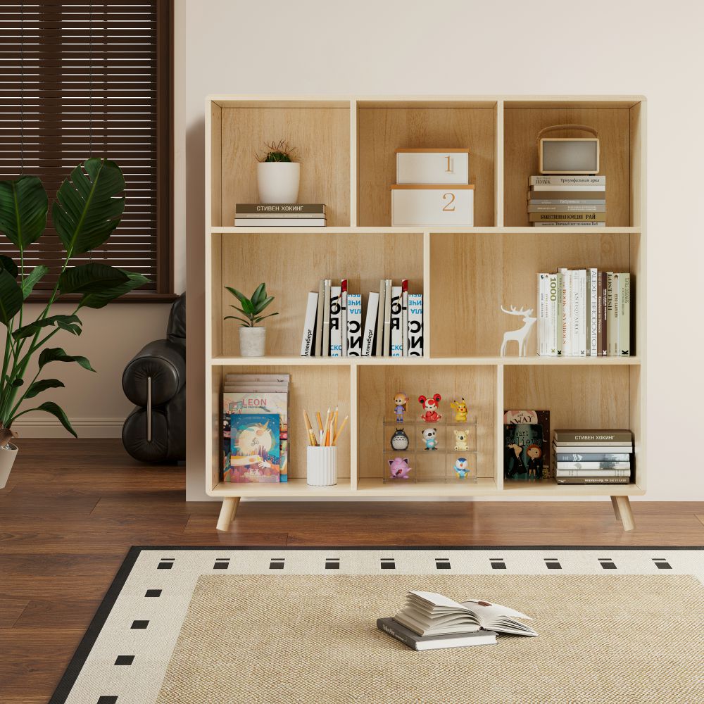 LUMAMIN 8-Compartment Storage Cabinet, Pine Wood 8 Cube Organizer Bookcase, Simple Storage Bins Container Bookshelf Open Shelf  for Living Room, Bedroom, Natural