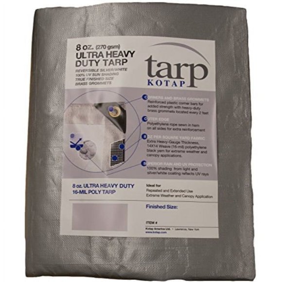 Kotap TUH-1824 Ultra Heavy-Duty 16-mil Reversible Poly Tarp with 100% UV Protection, 18 ft. X 24 ft, Silver-White