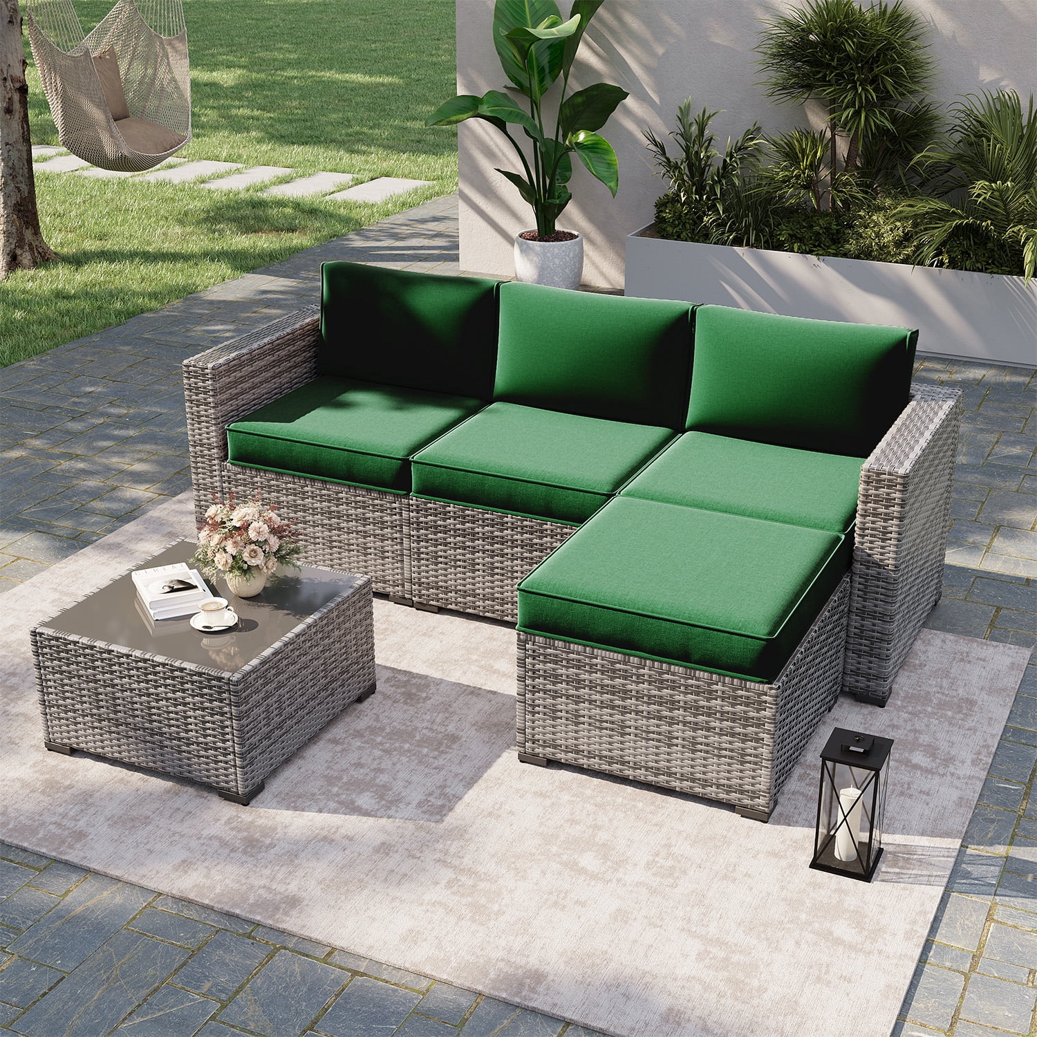 Clouddwell 7-Piece Outdoor Cushion Set for 4-Seat Wicker Sectional - Waterproof, High-Resilience Foam(Black Green)